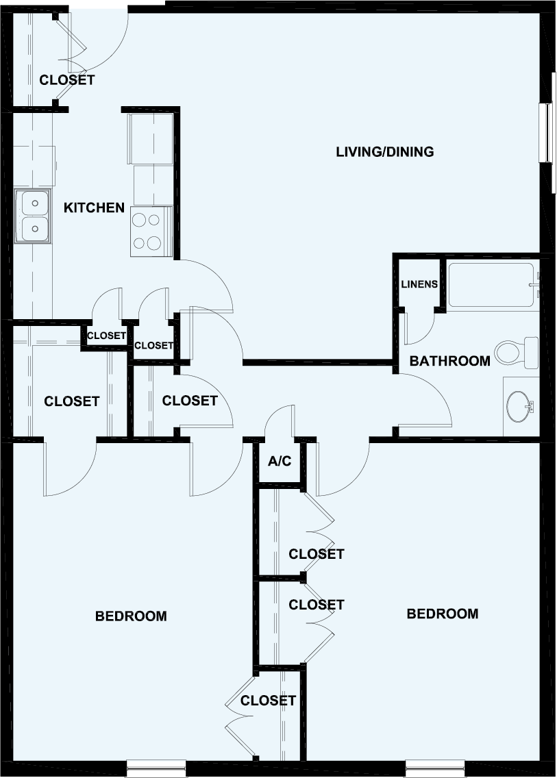 Floor plan for 2 beds, 1 bath, 990 sqft